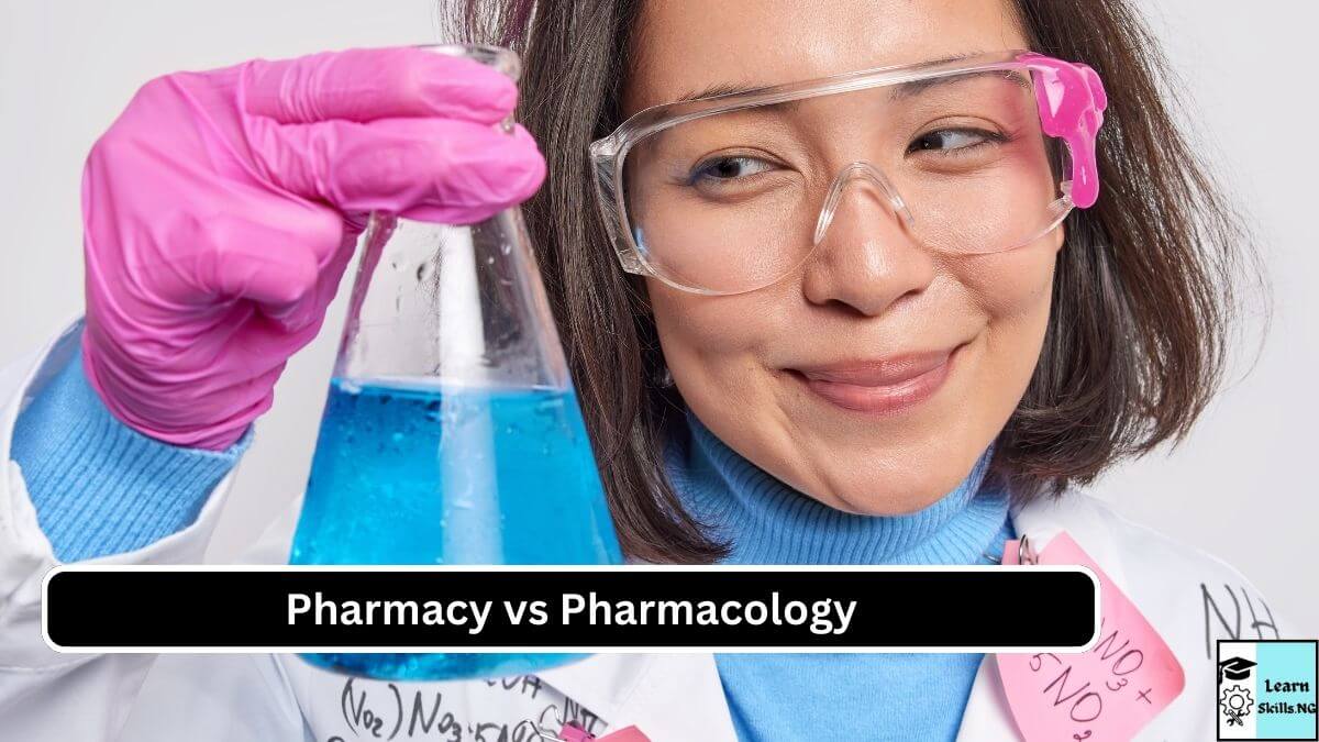 image of a pharmacologist examining chemical samples in a lab.